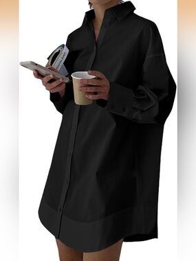 Black Oversized Button-Front Shirt Dress